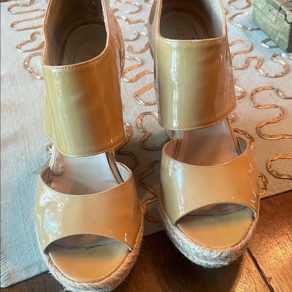 Jimmy Choo Shoes - Jimmy Choo size 7.5 patent leather camel-colored wedge espadrilles